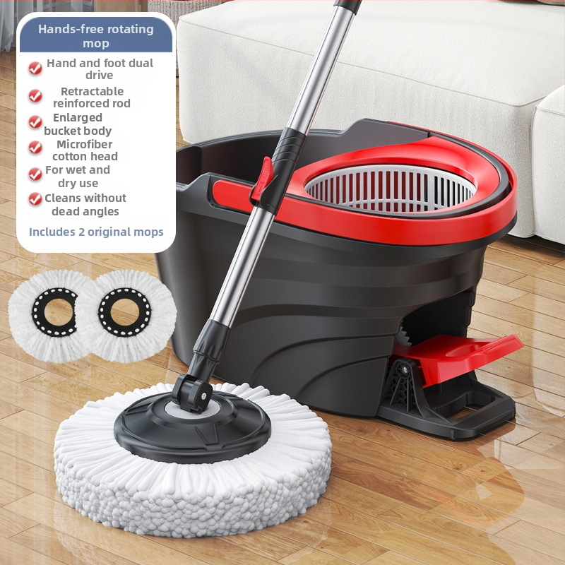 Qianhua forgó mop Kosárral – pamut fonalból készült mop, rozsdamentes acél rúd, egytengelyes hajtás, nedves és száraz használat, mop vödör készlet