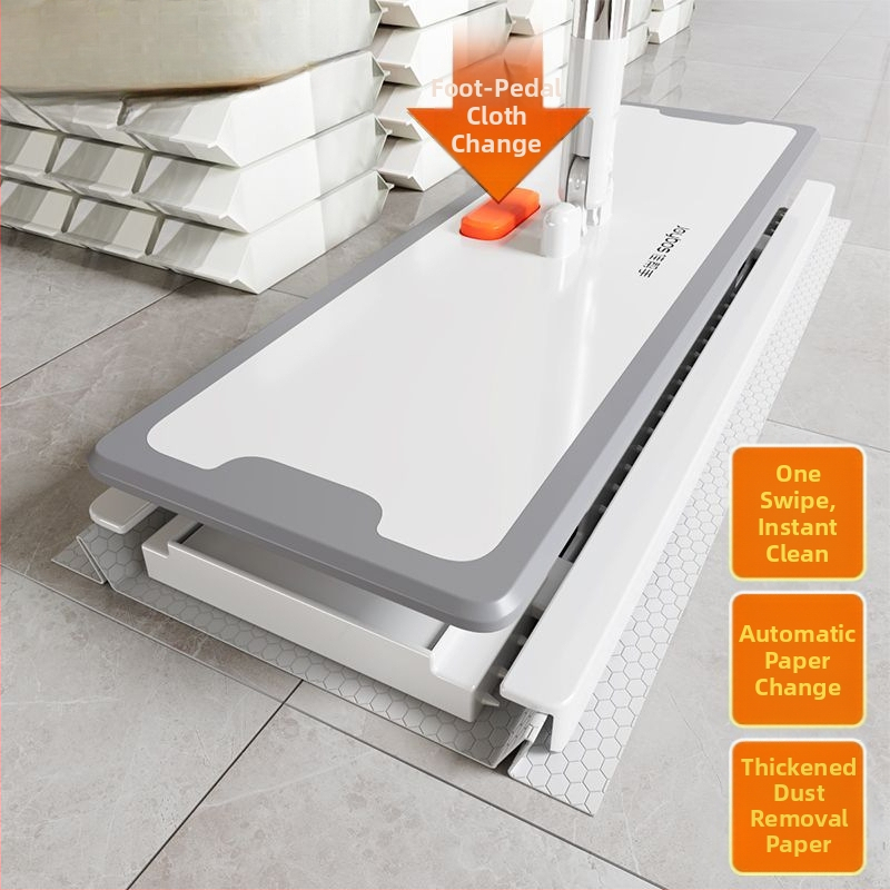 Електростатичен хартиен моп за прах — еднократен, за домашна употреба, без нужда от измиване, с прът от неръждаема стомана, еднодвигателен режим, четиристранно изцеждане