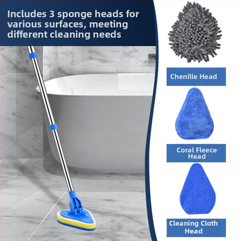 Wave Height Αναδιπλούμενη βούρτσα καθαρισμού με μακριά λαβή — τριγωνική βούρτσα για πλακάκια και μπάνιο, με σφουγγάρι, πολυλειτουργική