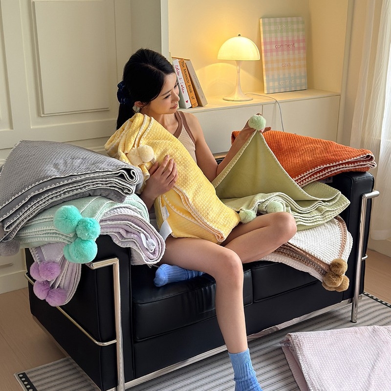 Pătură cu textură de vafă, dublu strat, pentru birou, pat și canapea – utilizare pe tot anul, 500–800 g poliester, model solid, stil modern minimalist