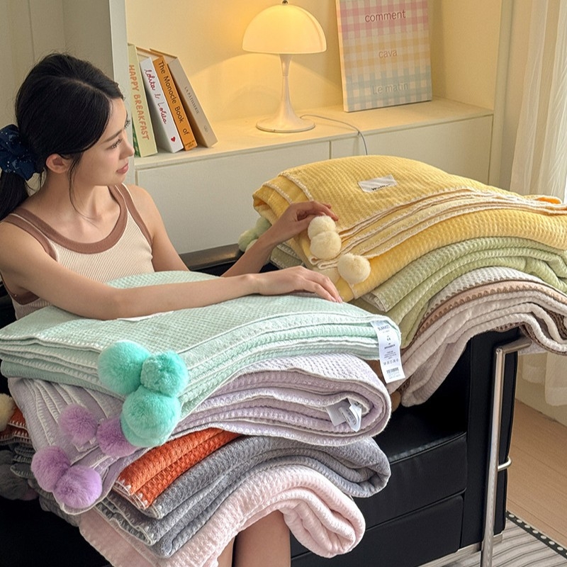 Pătură cu textură de vafă, dublu strat, pentru birou, pat și canapea – utilizare pe tot anul, 500–800 g poliester, model solid, stil modern minimalist