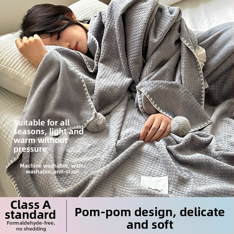 Pătură cu textură de vafă, dublu strat, pentru birou, pat și canapea – utilizare pe tot anul, 500–800 g poliester, model solid, stil modern minimalist