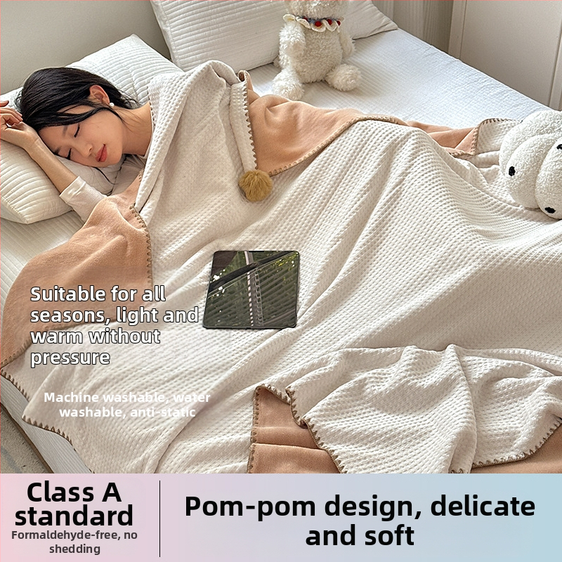 Pătură cu textură de vafă, dublu strat, pentru birou, pat și canapea – utilizare pe tot anul, 500–800 g poliester, model solid, stil modern minimalist