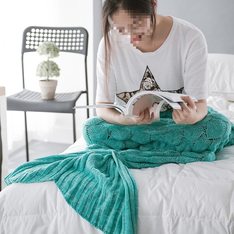 Κουβέρτα ουράς γοργόνας με σχέδιο φολίδων ψαριού, πλεκτή για χαλάρωση (Άνοιξη–Φθινόπωρο; Μοτίβο: Μονόχρωμο; Συστροφή: 5%; Σθεναρότητα χρώματος: 3–4; Υλικό: Άλλο)