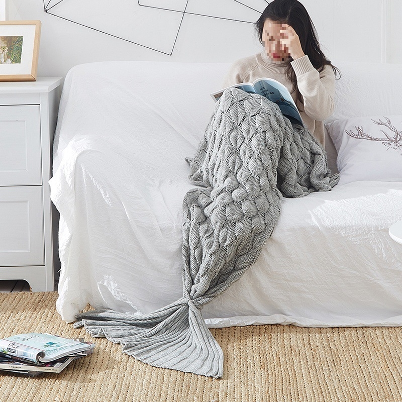 Κουβέρτα ουράς γοργόνας με σχέδιο φολίδων ψαριού, πλεκτή για χαλάρωση (Άνοιξη–Φθινόπωρο; Μοτίβο: Μονόχρωμο; Συστροφή: 5%; Σθεναρότητα χρώματος: 3–4; Υλικό: Άλλο)