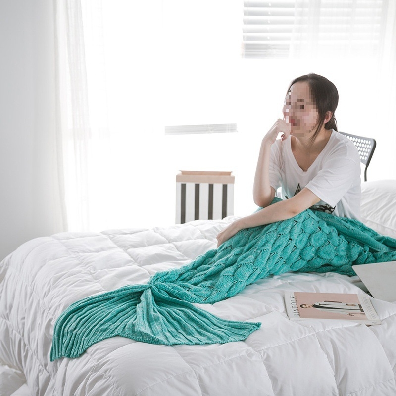 Κουβέρτα ουράς γοργόνας με σχέδιο φολίδων ψαριού, πλεκτή για χαλάρωση (Άνοιξη–Φθινόπωρο; Μοτίβο: Μονόχρωμο; Συστροφή: 5%; Σθεναρότητα χρώματος: 3–4; Υλικό: Άλλο)