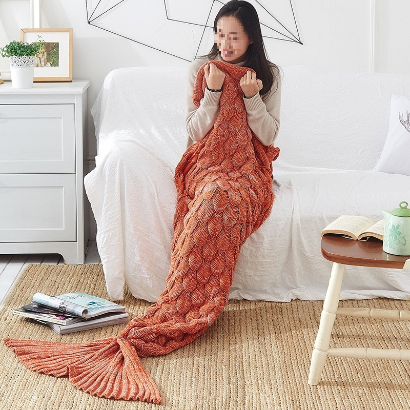 Κουβέρτα ουράς γοργόνας με σχέδιο φολίδων ψαριού, πλεκτή για χαλάρωση (Άνοιξη–Φθινόπωρο; Μοτίβο: Μονόχρωμο; Συστροφή: 5%; Σθεναρότητα χρώματος: 3–4; Υλικό: Άλλο)