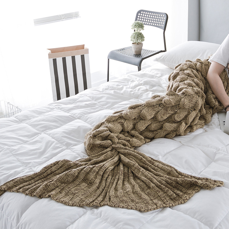 Κουβέρτα ουράς γοργόνας με σχέδιο φολίδων ψαριού, πλεκτή για χαλάρωση (Άνοιξη–Φθινόπωρο; Μοτίβο: Μονόχρωμο; Συστροφή: 5%; Σθεναρότητα χρώματος: 3–4; Υλικό: Άλλο)