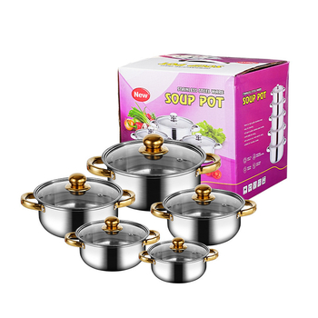 Nerūdijančio plieno 10 dalių puodų rinkinys su stikliniais dangčiais, modelis HT53624, šiuolaikinis minimalistinis dizainas