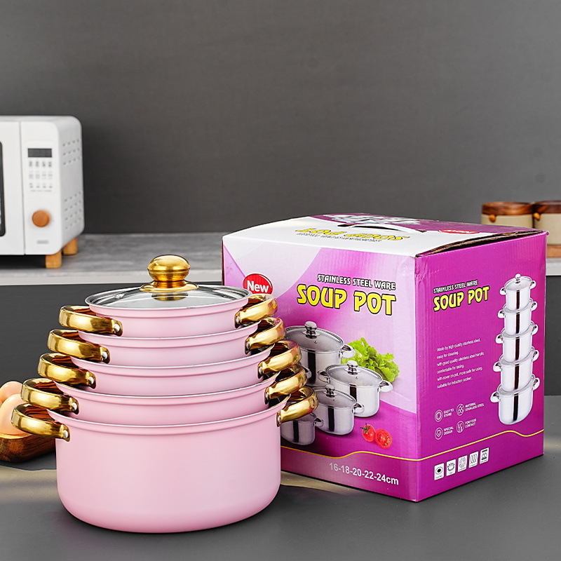 Nerūdijančio plieno 10 dalių puodų rinkinys su stikliniais dangčiais, modelis HT53624, šiuolaikinis minimalistinis dizainas