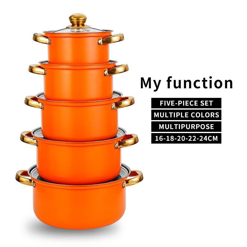 Nerūdijančio plieno 10 dalių puodų rinkinys su stikliniais dangčiais, modelis HT53624, šiuolaikinis minimalistinis dizainas