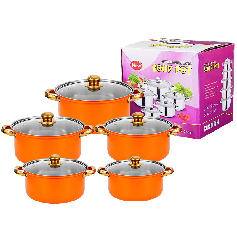 Nerūdijančio plieno 10 dalių puodų rinkinys su stikliniais dangčiais, modelis HT53624, šiuolaikinis minimalistinis dizainas