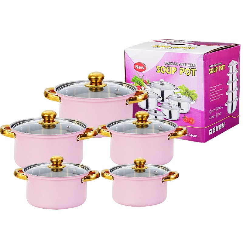 Nerūdijančio plieno 10 dalių puodų rinkinys su stikliniais dangčiais, modelis HT53624, šiuolaikinis minimalistinis dizainas