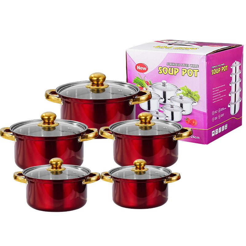 Nerūdijančio plieno 10 dalių puodų rinkinys su stikliniais dangčiais, modelis HT53624, šiuolaikinis minimalistinis dizainas