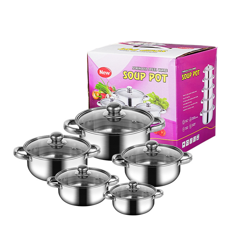 Nerūdijančio plieno 10 dalių puodų rinkinys su stikliniais dangčiais, modelis HT53624, šiuolaikinis minimalistinis dizainas