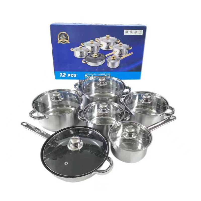 Nerūdijančio plieno 10 dalių puodų rinkinys su stikliniais dangčiais, modelis HT53624, šiuolaikinis minimalistinis dizainas