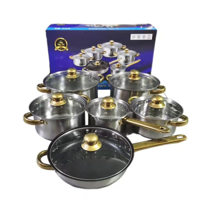 Nerūdijančio plieno 10 dalių puodų rinkinys su stikliniais dangčiais, modelis HT53624, šiuolaikinis minimalistinis dizainas