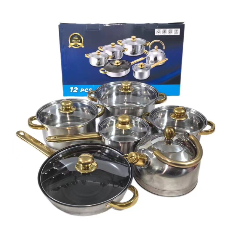 Nerūdijančio plieno 10 dalių puodų rinkinys su stikliniais dangčiais, modelis HT53624, šiuolaikinis minimalistinis dizainas