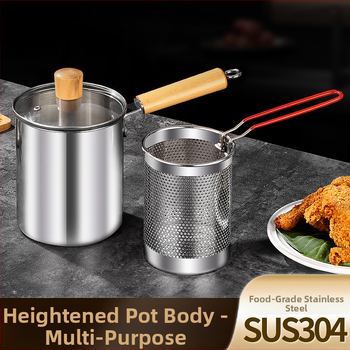 Nerūdijančio plieno fritūrinė keptuvė su filtru ir medine rankena, gili puodai su karšytu stiklo dangteliu, talpa 2,8–3 L, daugiafunkcinis virimui makaronų ir pieno, kepimui šašlykų