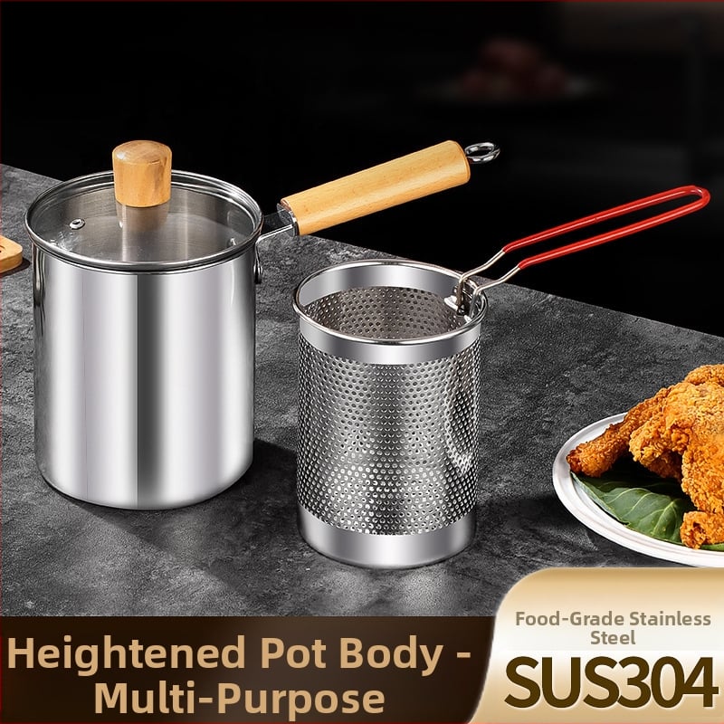 Nerūdijančio plieno fritūrinė keptuvė su filtru ir medine rankena, gili puodai su karšytu stiklo dangteliu, talpa 2,8–3 L, daugiafunkcinis virimui makaronų ir pieno, kepimui šašlykų