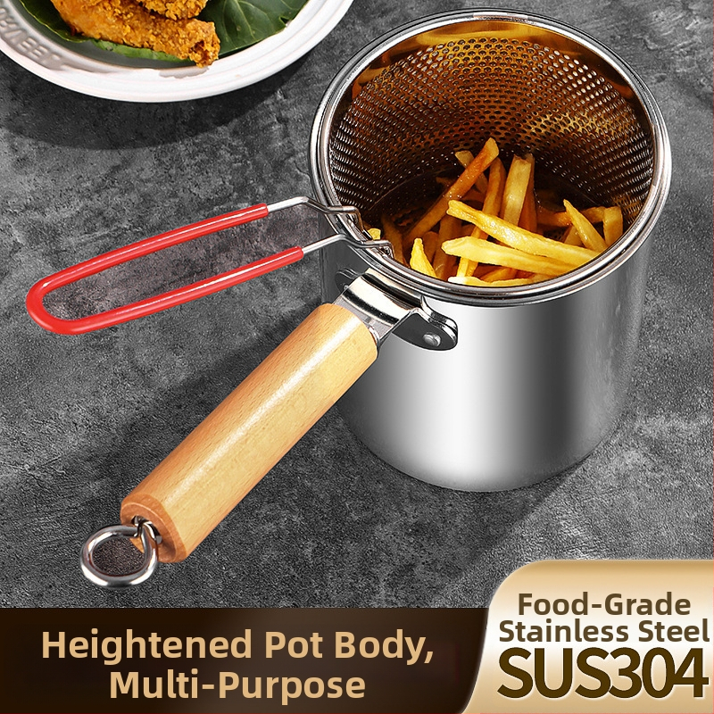 Фритюрник от неръждаема стомана с филтър и дървена дръжка, дълбок съд с капак от закалено стъкло, капацитет 2,8–3 л, многофункционален за варене на лапша и мляко, пържене на шишчета