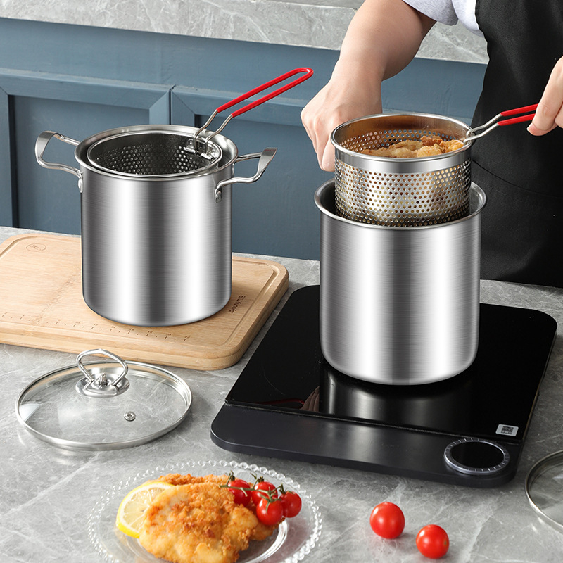 Nerūdijančio plieno fritūrinė keptuvė su filtru ir medine rankena, gili puodai su karšytu stiklo dangteliu, talpa 2,8–3 L, daugiafunkcinis virimui makaronų ir pieno, kepimui šašlykų