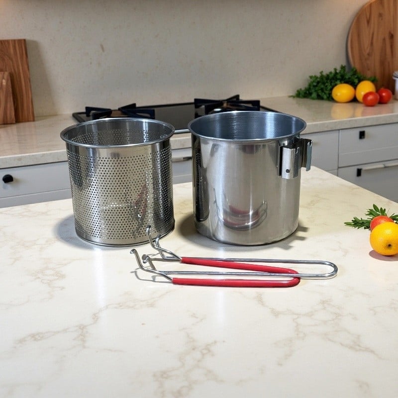 Nerūdijančio plieno fritūrinė keptuvė su filtru ir medine rankena, gili puodai su karšytu stiklo dangteliu, talpa 2,8–3 L, daugiafunkcinis virimui makaronų ir pieno, kepimui šašlykų