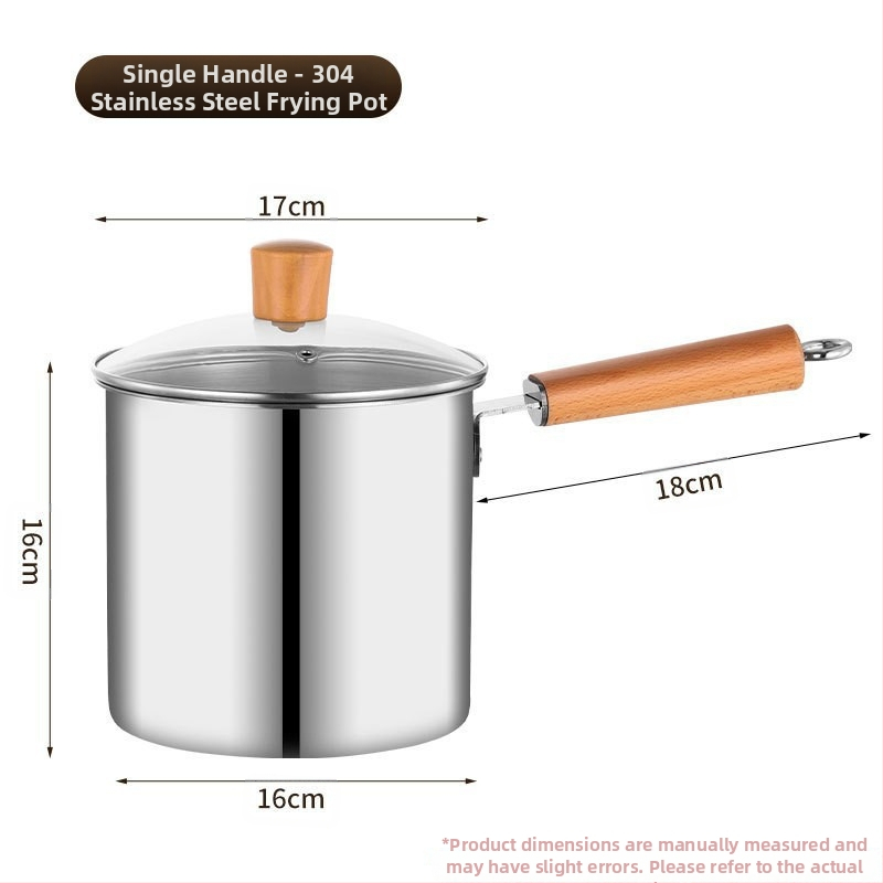 Nerūdijančio plieno fritūrinė keptuvė su filtru ir medine rankena, gili puodai su karšytu stiklo dangteliu, talpa 2,8–3 L, daugiafunkcinis virimui makaronų ir pieno, kepimui šašlykų