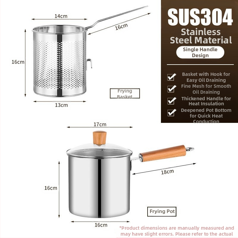 Nerūdijančio plieno fritūrinė keptuvė su filtru ir medine rankena, gili puodai su karšytu stiklo dangteliu, talpa 2,8–3 L, daugiafunkcinis virimui makaronų ir pieno, kepimui šašlykų