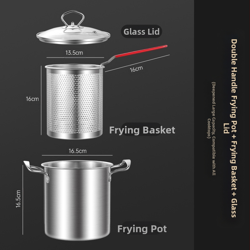 Nerūdijančio plieno fritūrinė keptuvė su filtru ir medine rankena, gili puodai su karšytu stiklo dangteliu, talpa 2,8–3 L, daugiafunkcinis virimui makaronų ir pieno, kepimui šašlykų