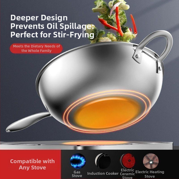 Nerūdijančio plieno wok su stiklo dangčiu, nelipus, su vienu dugnu, tinkamas bendrosioms viryklėms.