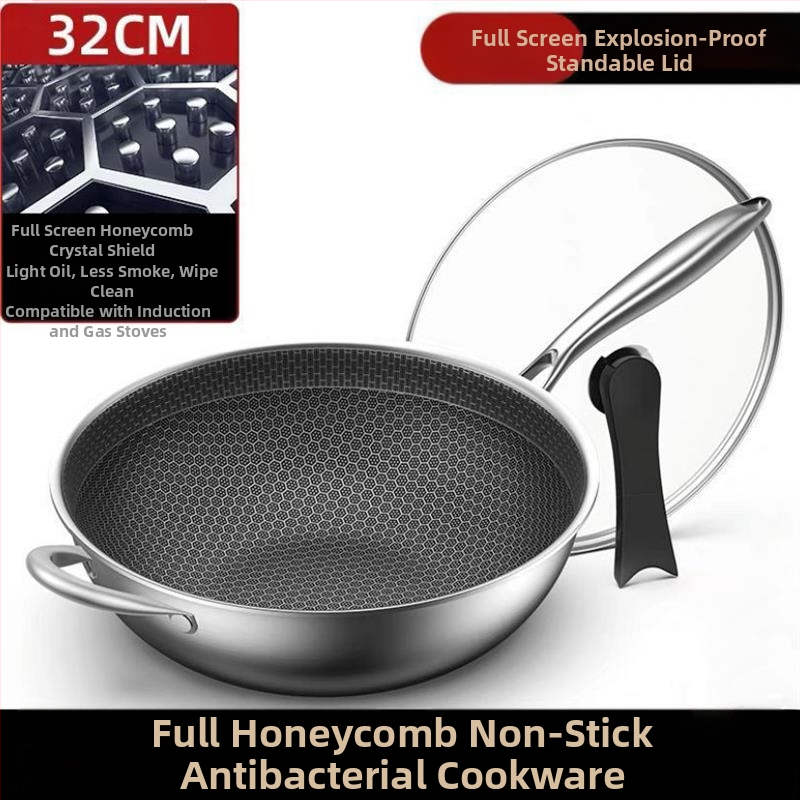 Nerūdijančio plieno wok su stiklo dangčiu, nelipus, su vienu dugnu, tinkamas bendrosioms viryklėms.