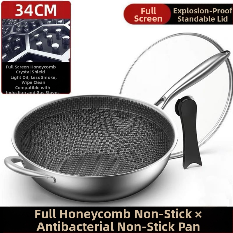 Nerūdijančio plieno wok su stiklo dangčiu, nelipus, su vienu dugnu, tinkamas bendrosioms viryklėms.