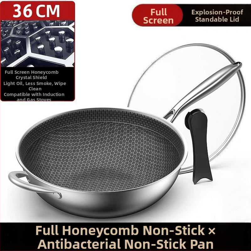 Nerūdijančio plieno wok su stiklo dangčiu, nelipus, su vienu dugnu, tinkamas bendrosioms viryklėms.