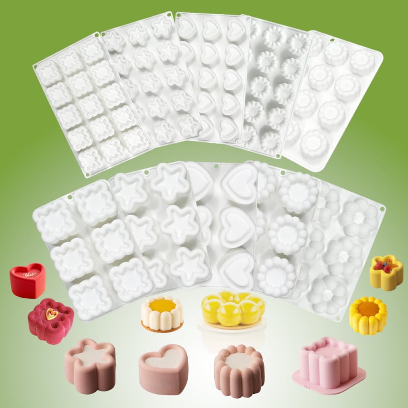 Silicone forma moussei ir šokoladui su 6 skyreliais ir įvairiomis formomis (žvaigždutės, Rubiko kubas, širdis); tinkama fondantui, rankų darbo muilams ir kvapiosioms žvakėms.