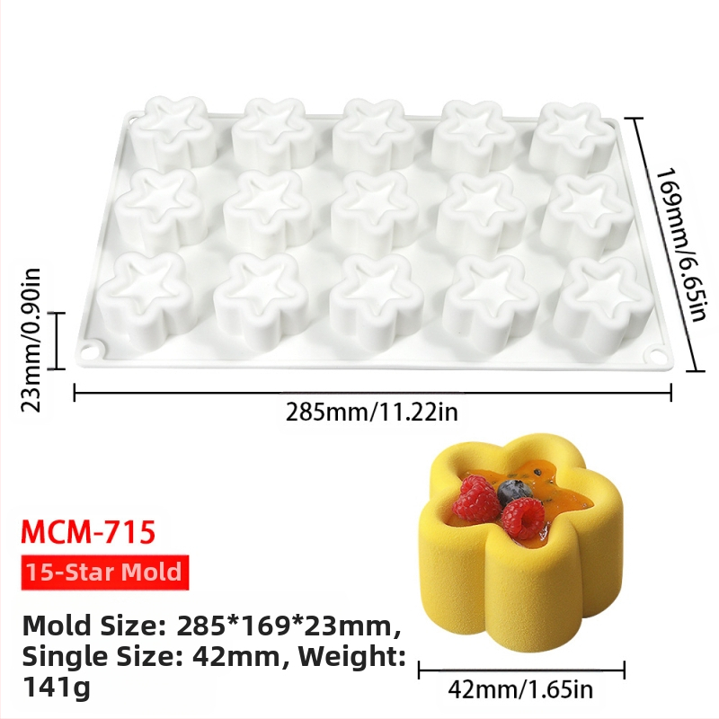 Silicone forma moussei ir šokoladui su 6 skyreliais ir įvairiomis formomis (žvaigždutės, Rubiko kubas, širdis); tinkama fondantui, rankų darbo muilams ir kvapiosioms žvakėms.