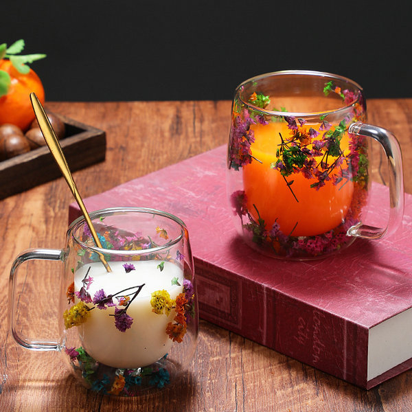 Kavos puodelis iš dvigubo sluoksnio borosilikatinio stiklo, rankų pūtimo, su rankena, atsparus aukštai temperatūrai