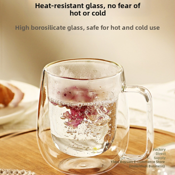 Dvigubo sienelių stiklinė kavos puodelis su rankena — izoliacinė, atspari aukštai temperatūrai, tinkama arbatai ir kavai