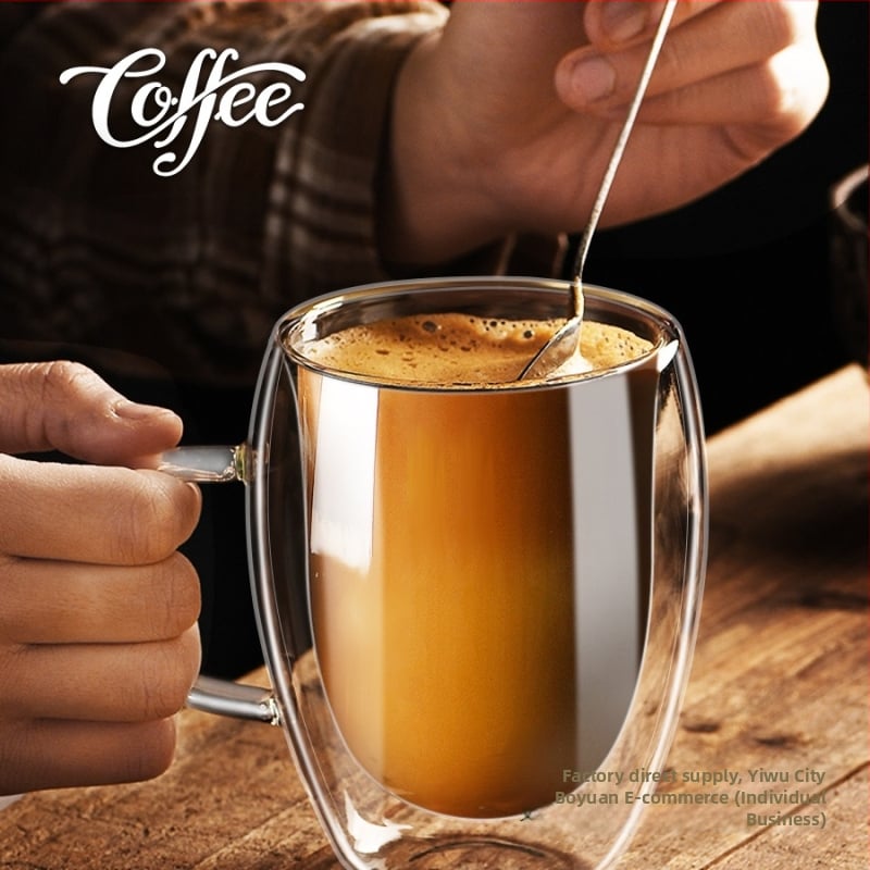 Dvigubo sienelių stiklinė kavos puodelis su rankena — izoliacinė, atspari aukštai temperatūrai, tinkama arbatai ir kavai