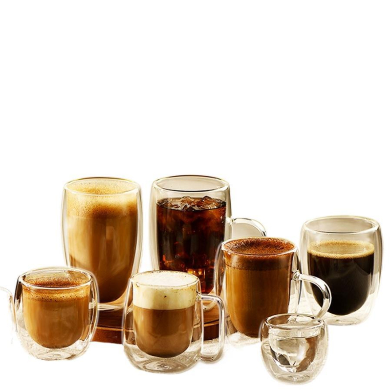Dvigubo sienelių stiklinė kavos puodelis su rankena — izoliacinė, atspari aukštai temperatūrai, tinkama arbatai ir kavai