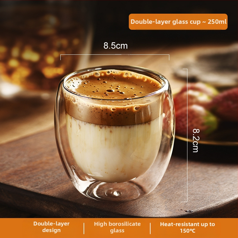 Dvigubo sienelių stiklinė kavos puodelis su rankena — izoliacinė, atspari aukštai temperatūrai, tinkama arbatai ir kavai