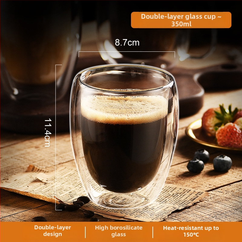 Dvigubo sienelių stiklinė kavos puodelis su rankena — izoliacinė, atspari aukštai temperatūrai, tinkama arbatai ir kavai