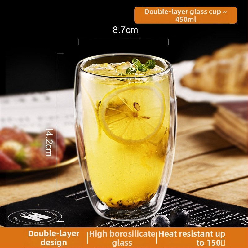 Dvigubo sienelių stiklinė kavos puodelis su rankena — izoliacinė, atspari aukštai temperatūrai, tinkama arbatai ir kavai