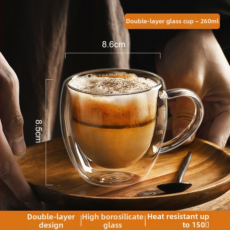 Dvigubo sienelių stiklinė kavos puodelis su rankena — izoliacinė, atspari aukštai temperatūrai, tinkama arbatai ir kavai
