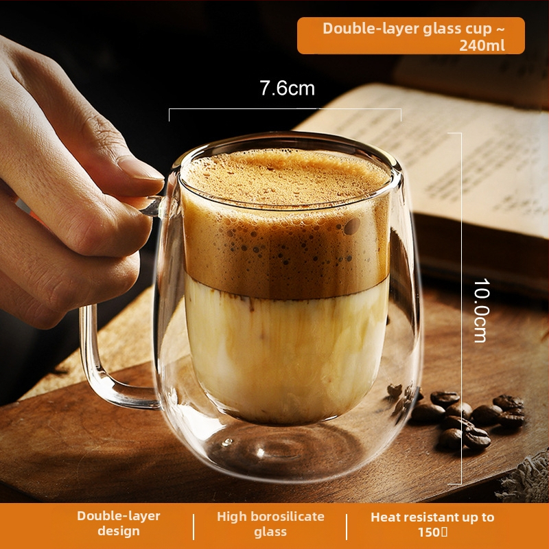 Dvigubo sienelių stiklinė kavos puodelis su rankena — izoliacinė, atspari aukštai temperatūrai, tinkama arbatai ir kavai