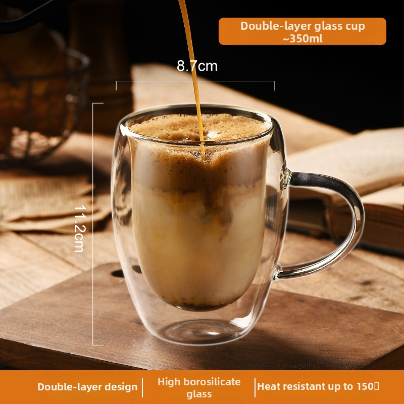 Dvigubo sienelių stiklinė kavos puodelis su rankena — izoliacinė, atspari aukštai temperatūrai, tinkama arbatai ir kavai