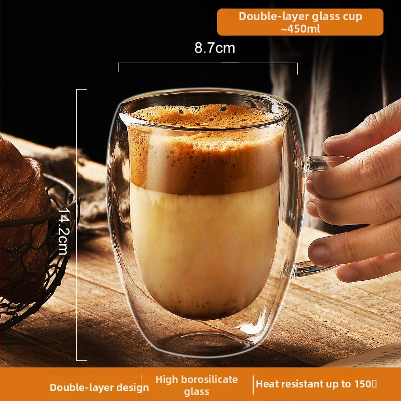 Dvigubo sienelių stiklinė kavos puodelis su rankena — izoliacinė, atspari aukštai temperatūrai, tinkama arbatai ir kavai