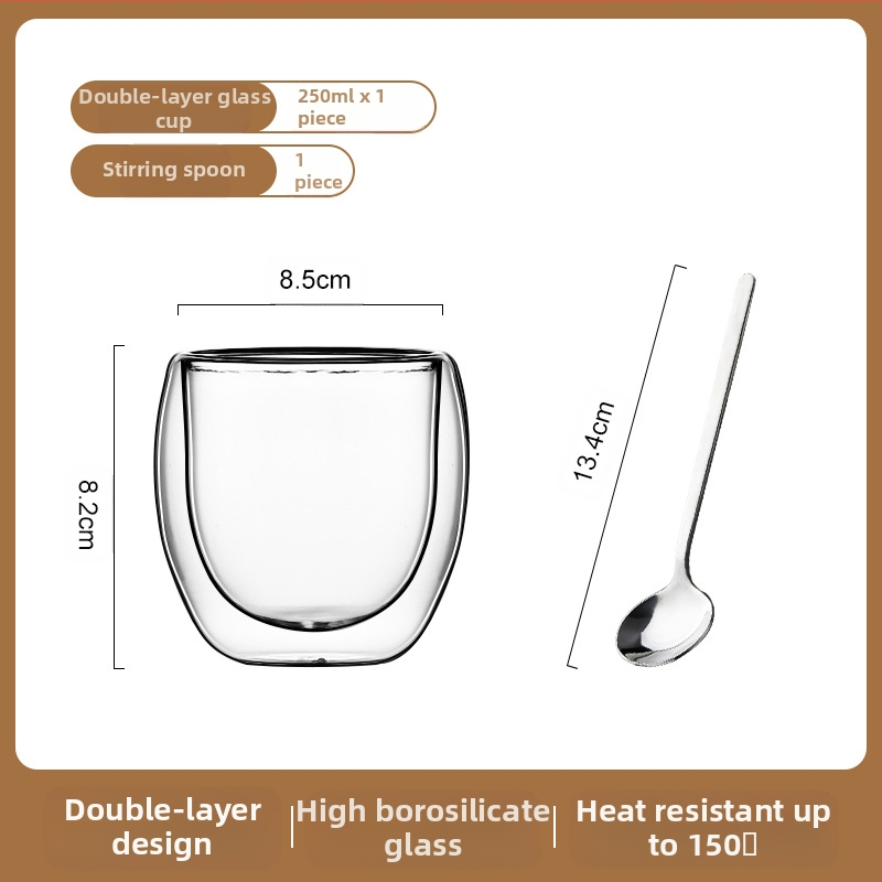 Dvigubo sienelių stiklinė kavos puodelis su rankena — izoliacinė, atspari aukštai temperatūrai, tinkama arbatai ir kavai