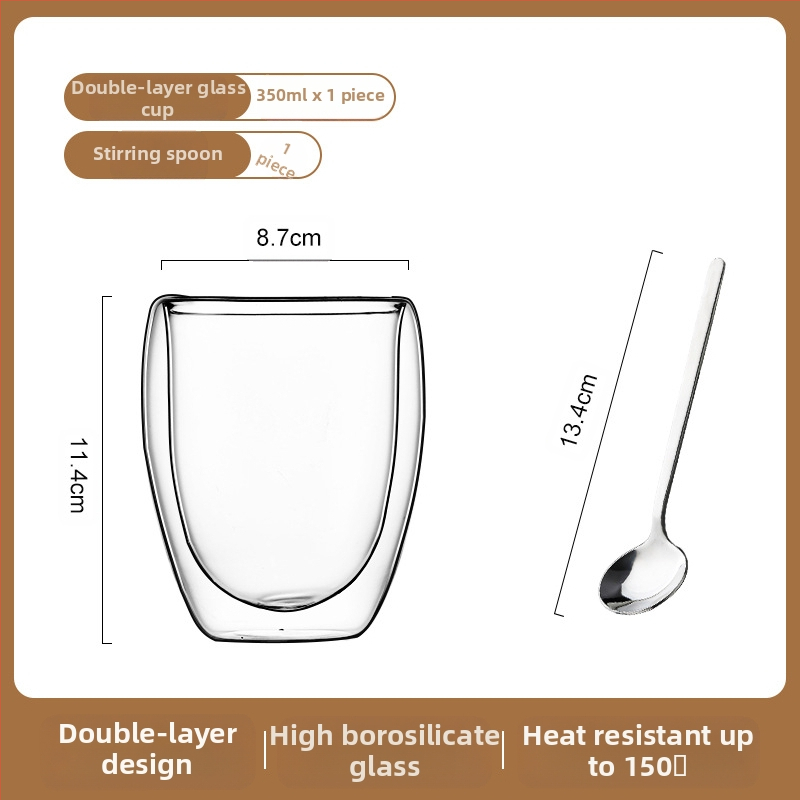 Dvigubo sienelių stiklinė kavos puodelis su rankena — izoliacinė, atspari aukštai temperatūrai, tinkama arbatai ir kavai