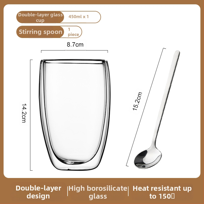 Dvigubo sienelių stiklinė kavos puodelis su rankena — izoliacinė, atspari aukštai temperatūrai, tinkama arbatai ir kavai